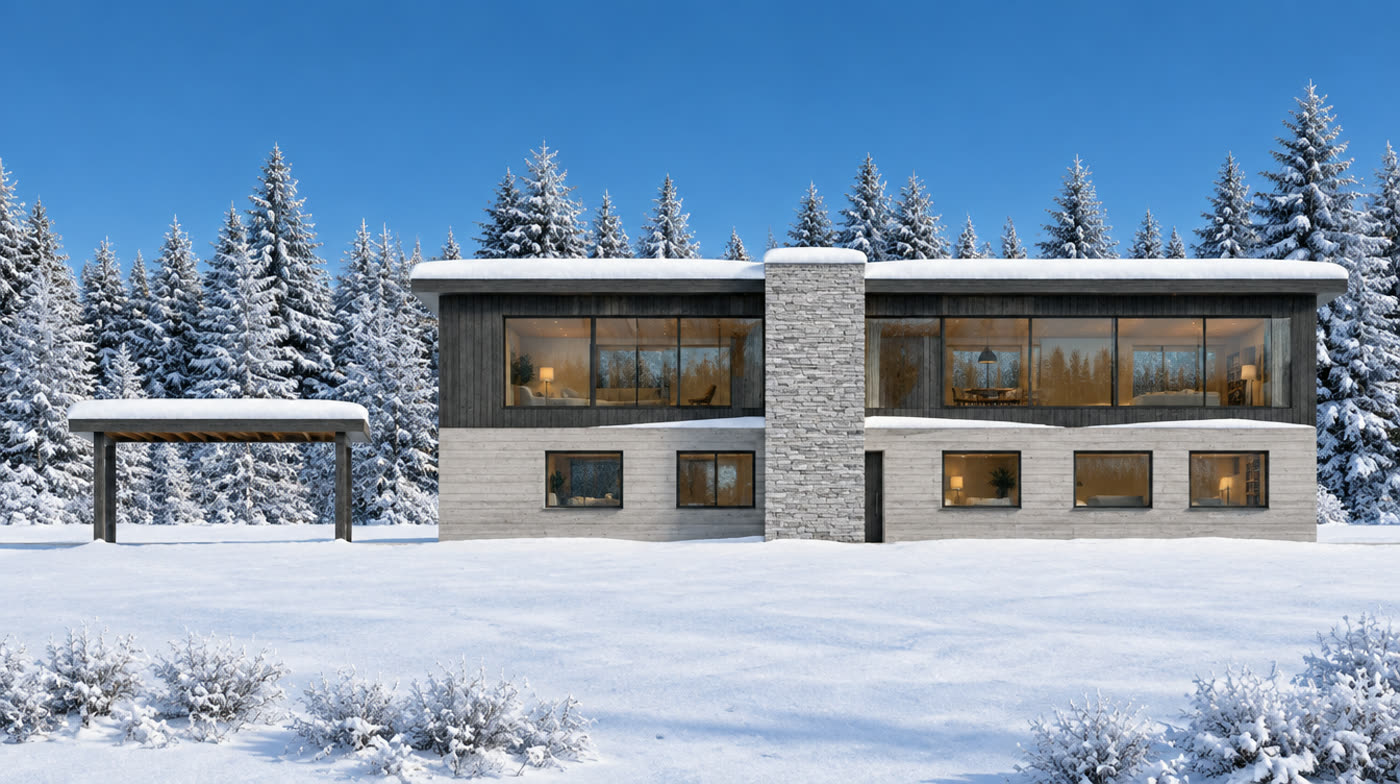 The same south elevation rendered photorealistically in winter