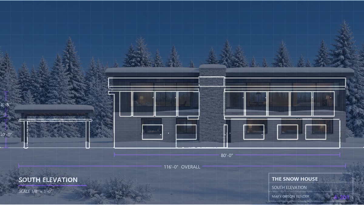 The drawn elevation dissolving into the rendered house