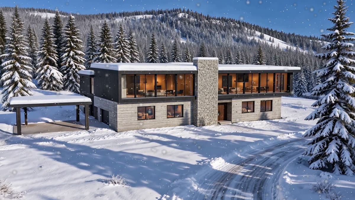 The house in deep snow, seen across the clearing