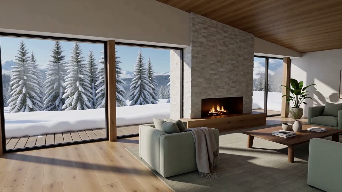 Great room with stone fireplace and full-height glazing