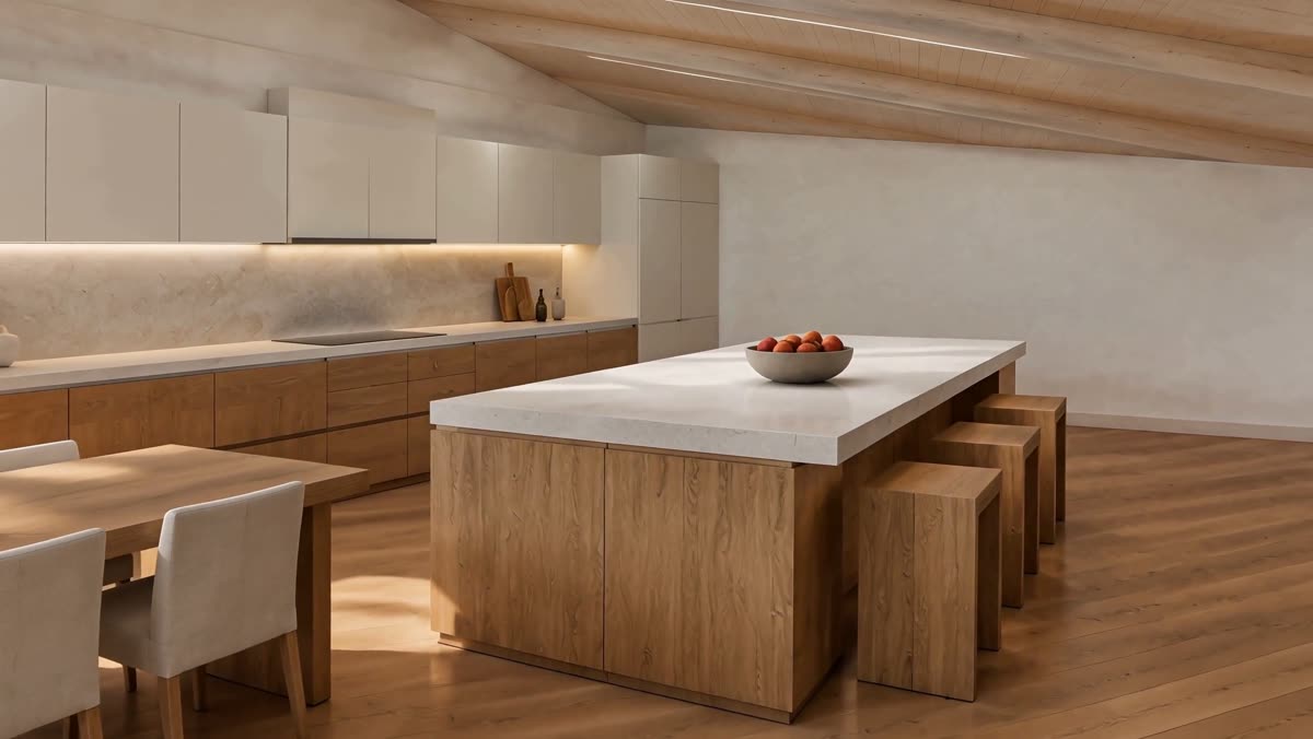 Kitchen island and dining table under a timber ceiling