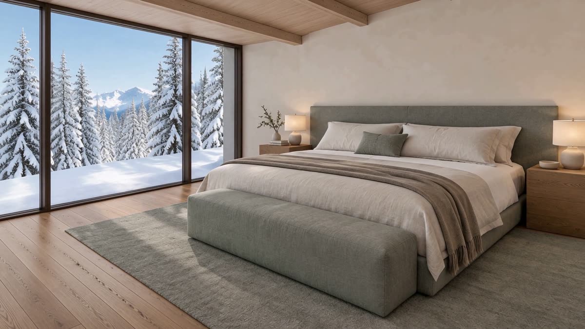 Primary suite with glazing onto snow-laden spruce