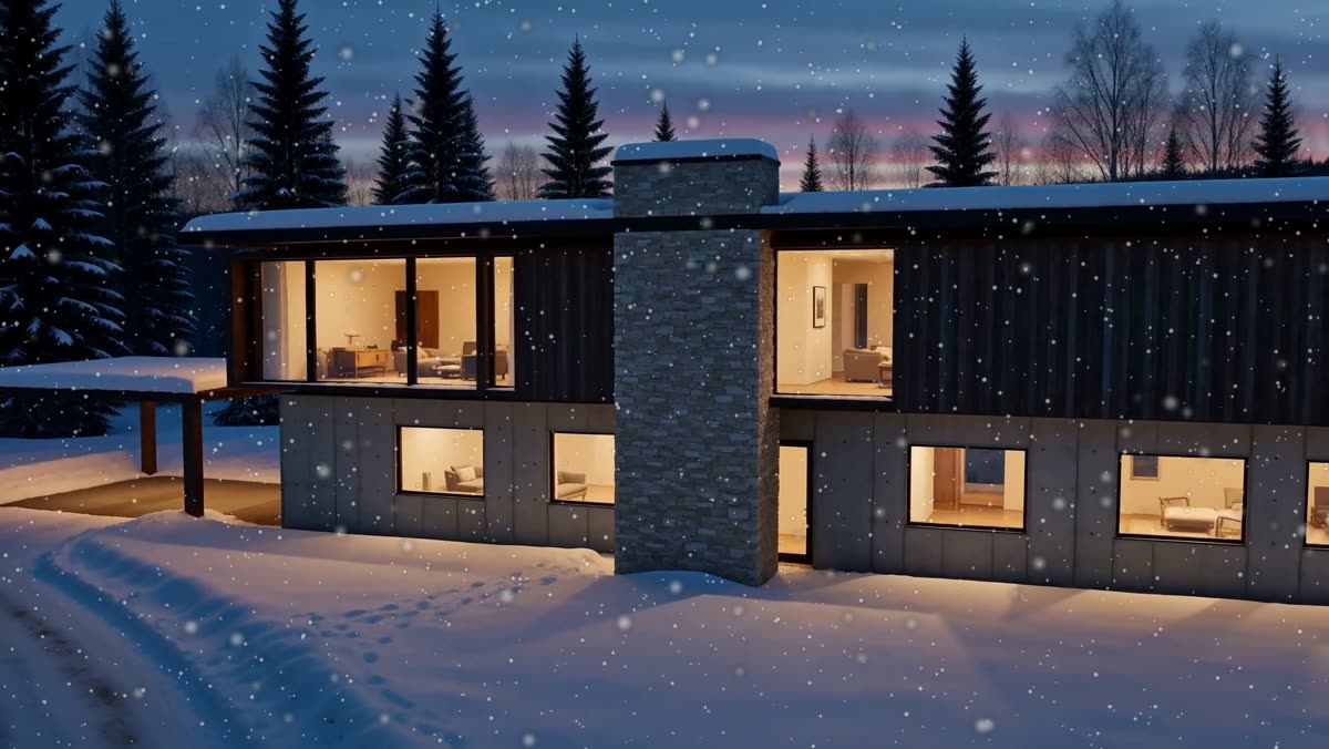 The house at dusk, every window lit, snow falling
